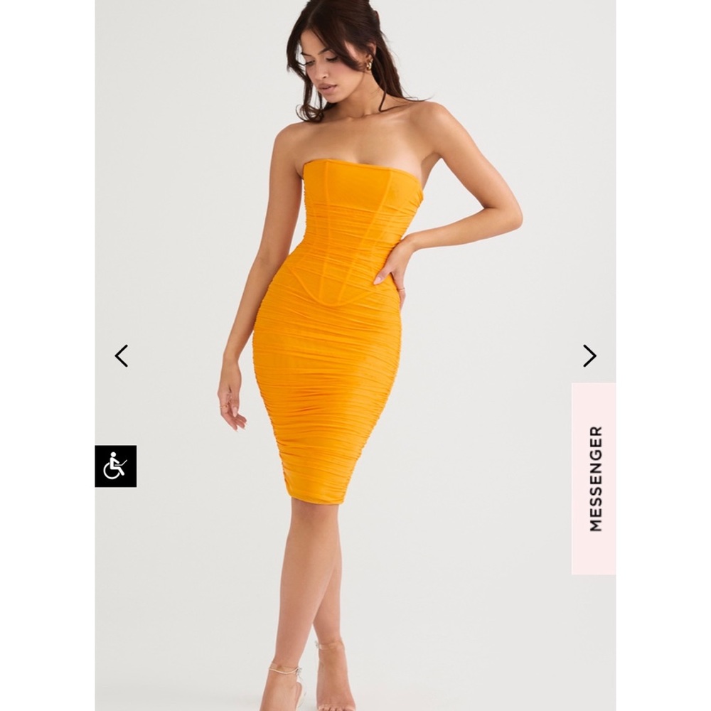 House of CB Julianna Tangerine Strapless Ruched Midi Dress